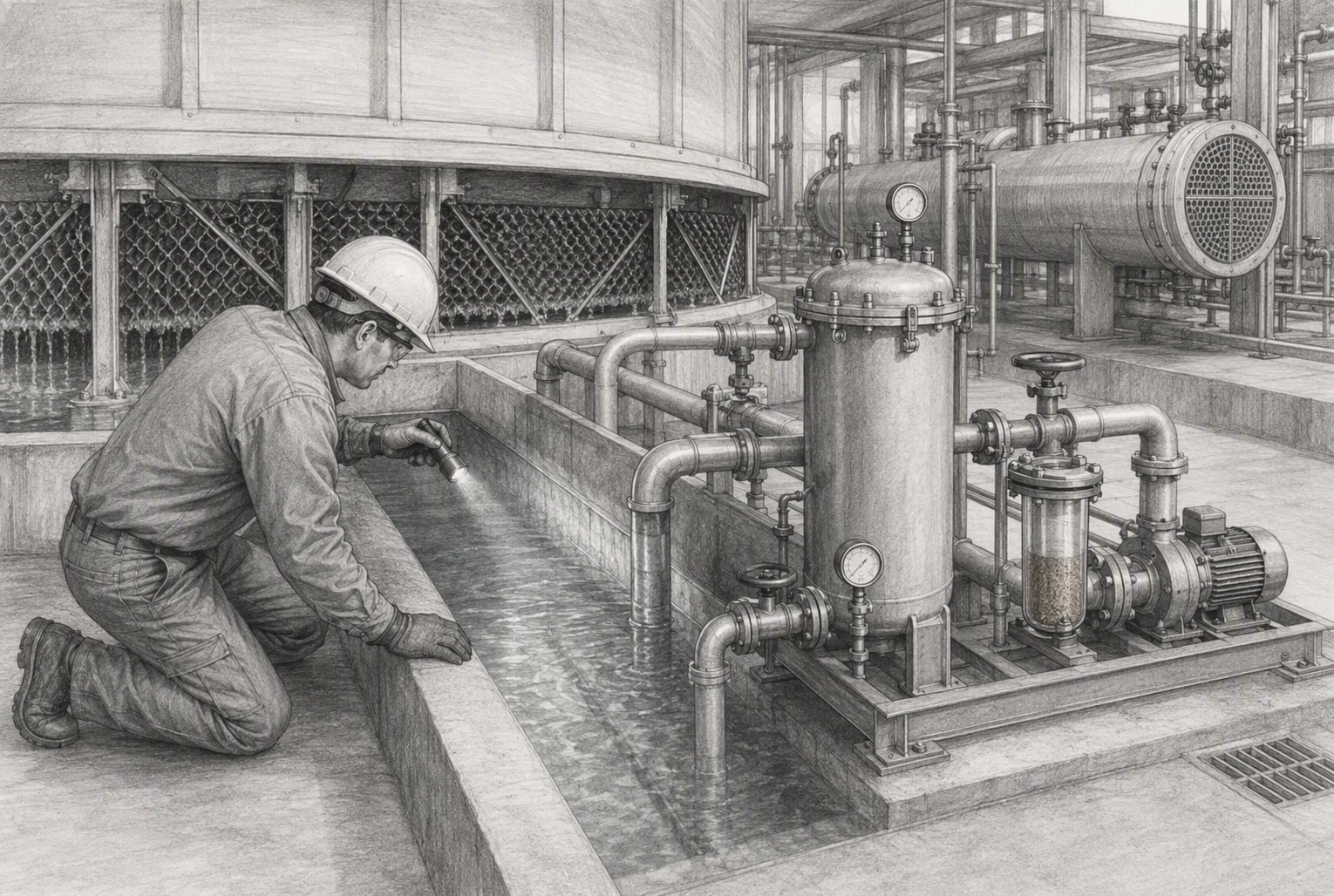 Technician inspecting filter-equipped cooling tower basin