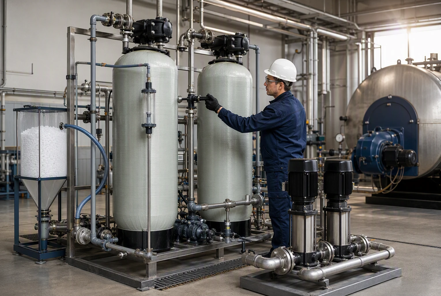 Engineer inspects ion exchange vessels near boiler feedwater pumps
