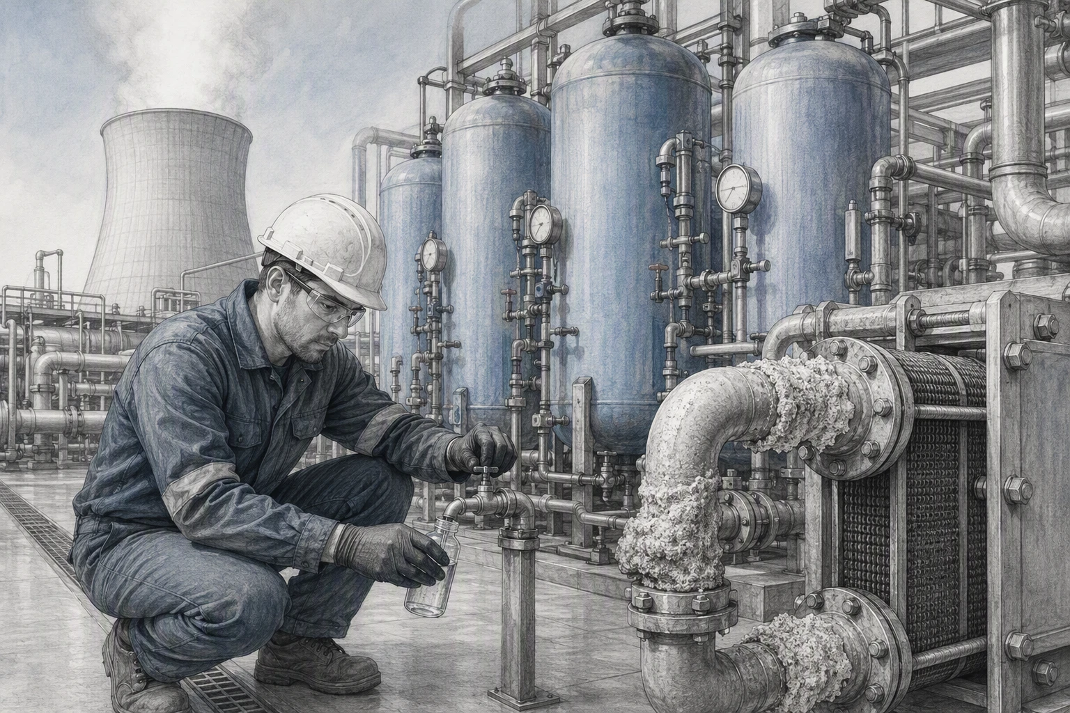 Engineer tests concentrated cooling tower minerals near treatment vessels