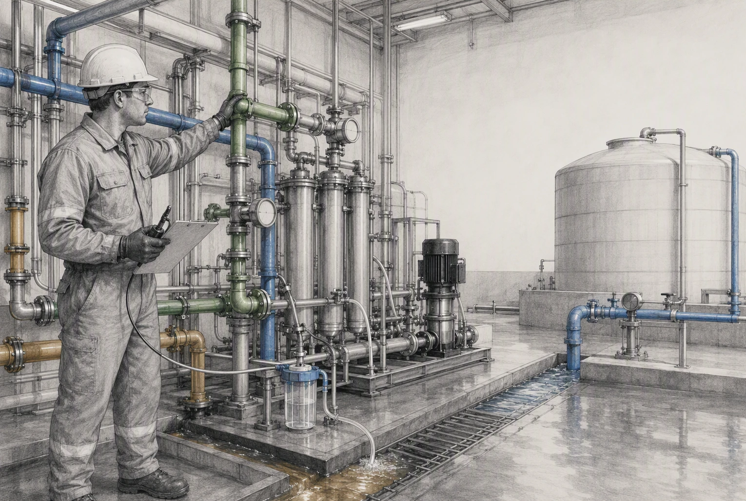 Technician inspecting color-coded pipes in water reuse facility