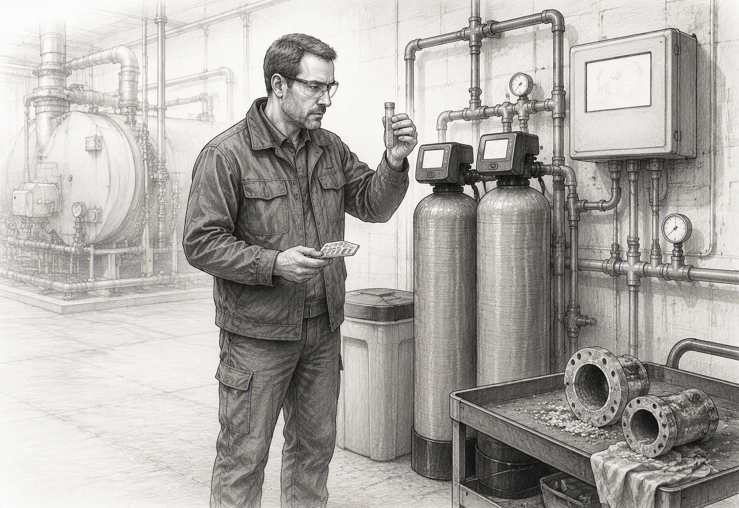 Facility manager analyzing water hardness test near softener control panel