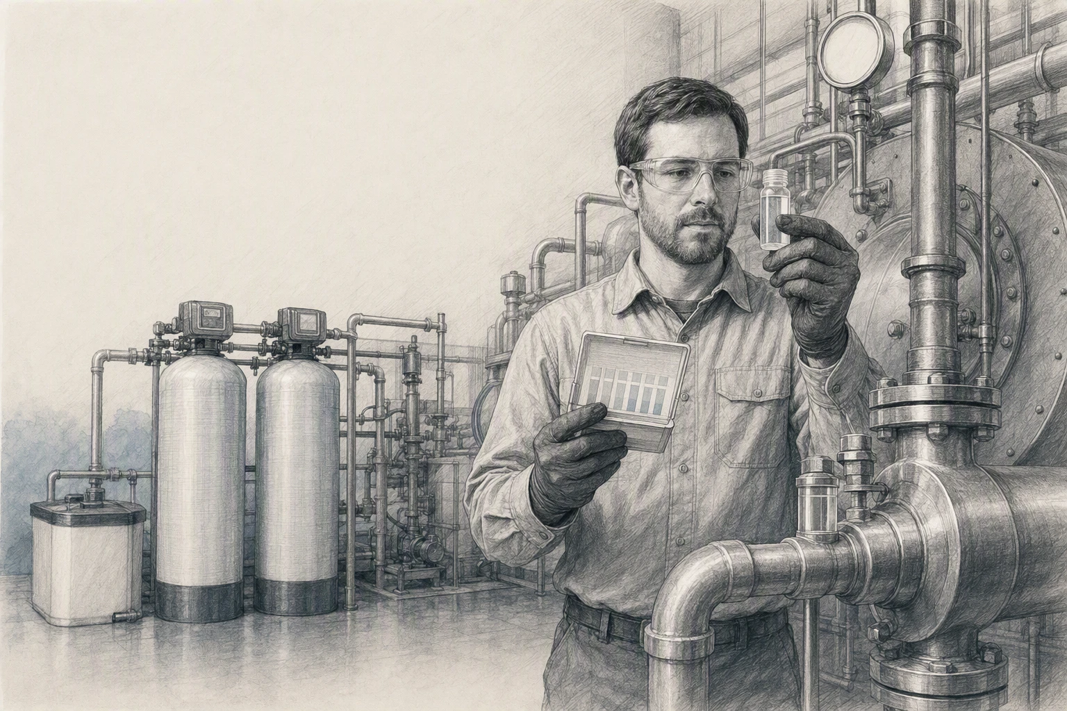Technician inspecting softened water flow near boiler feed lines