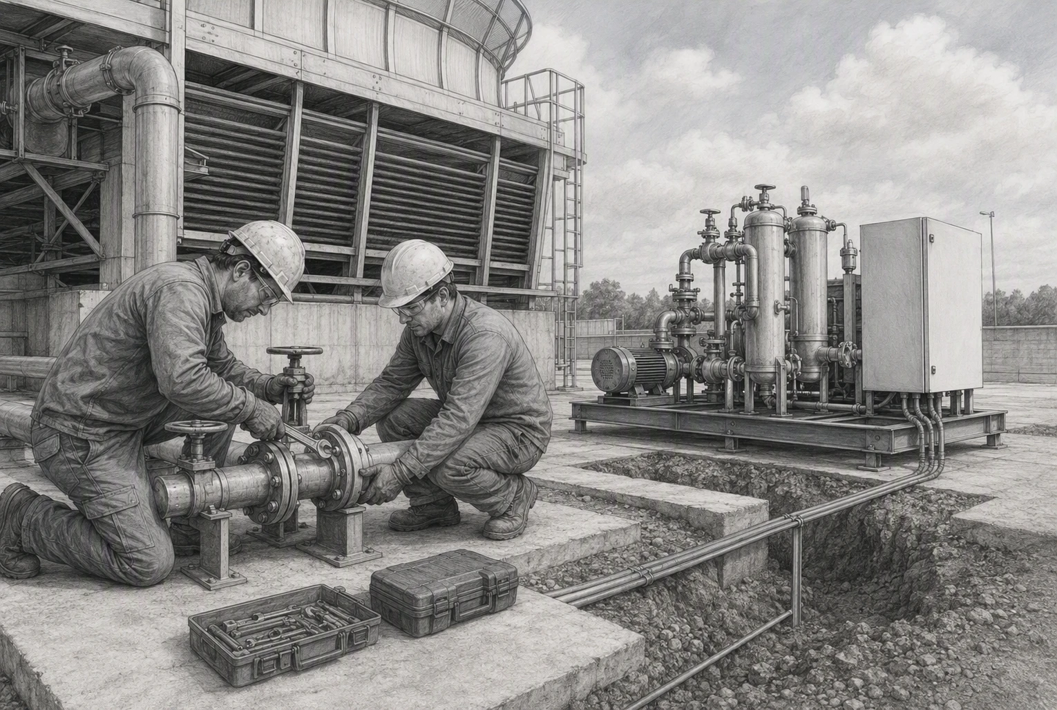 Technicians installing side-stream filtration piping beside cooling tower