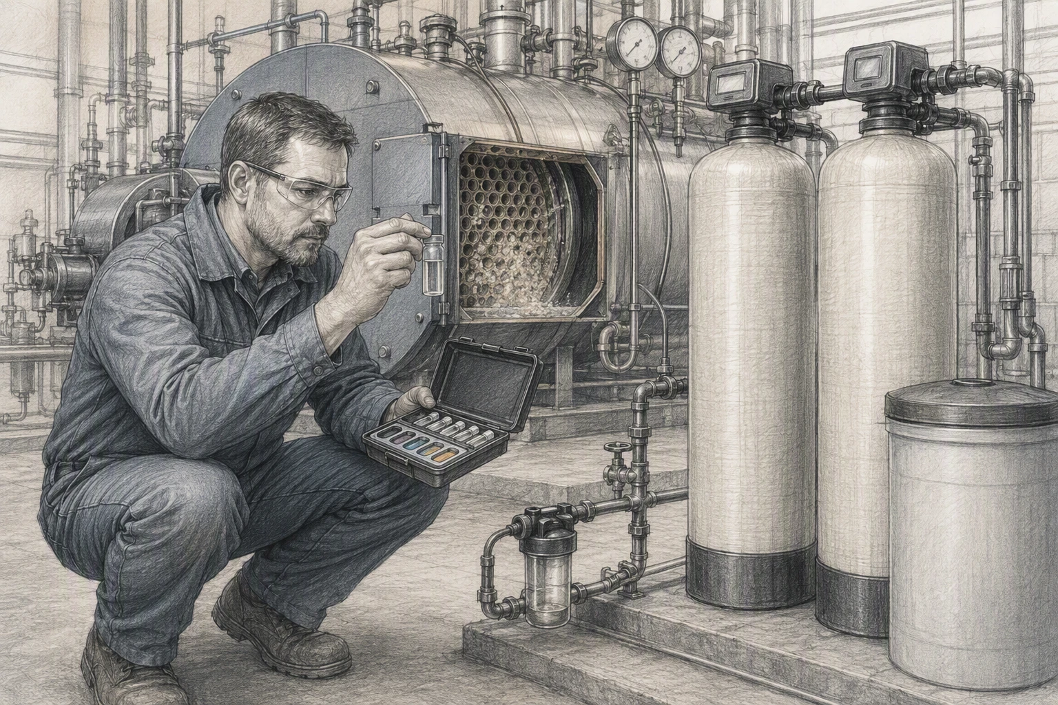Boiler technician analyzing hard water sample near softener units