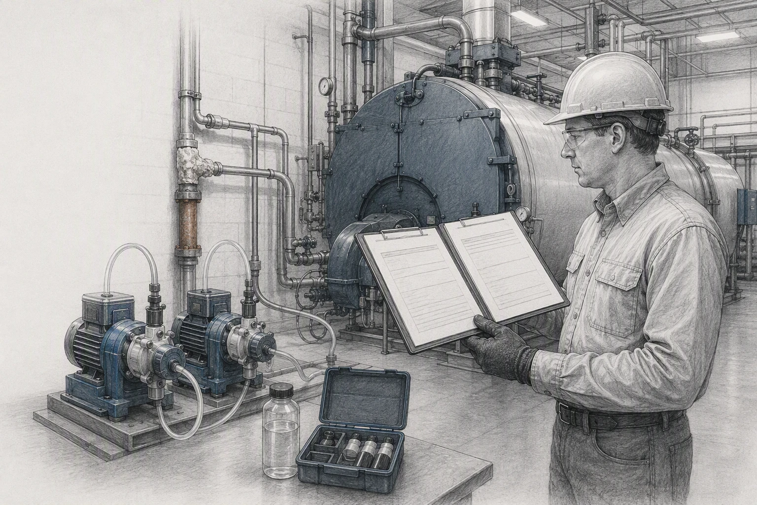 Engineer reviewing boiler reports near chemical pumps