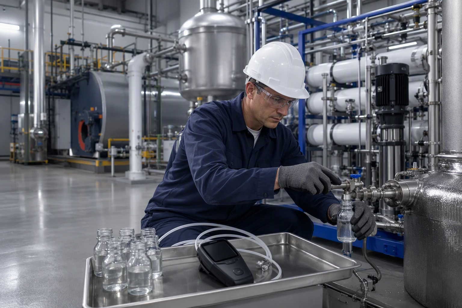 Engineer sampling boiler water beside RO skid