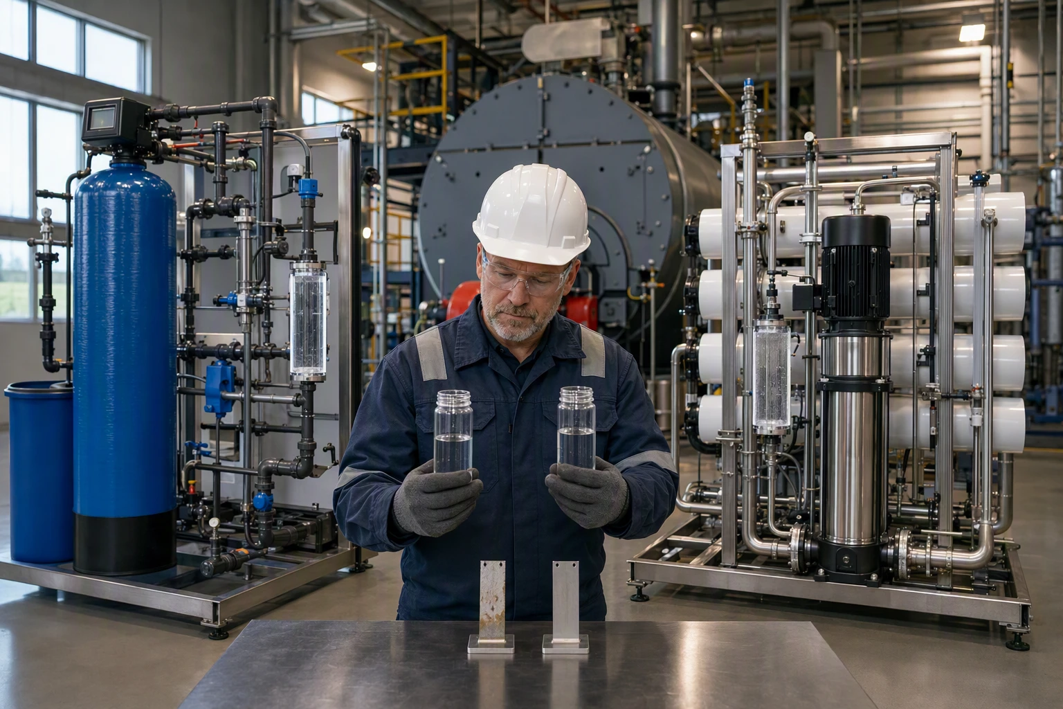 Industrial water treatment lab with filtration comparison samples