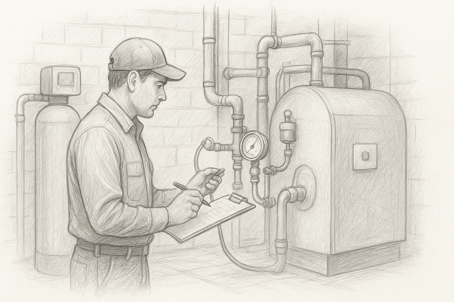 Ohio technician inspecting boiler feedwater softener system