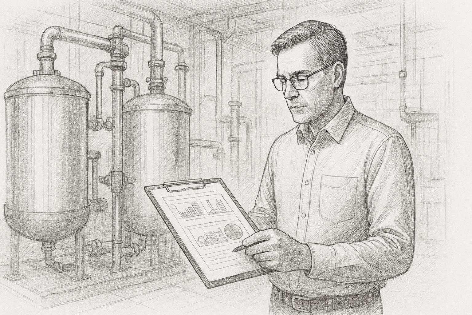 Plant manager inspecting boiler water treatment vessels