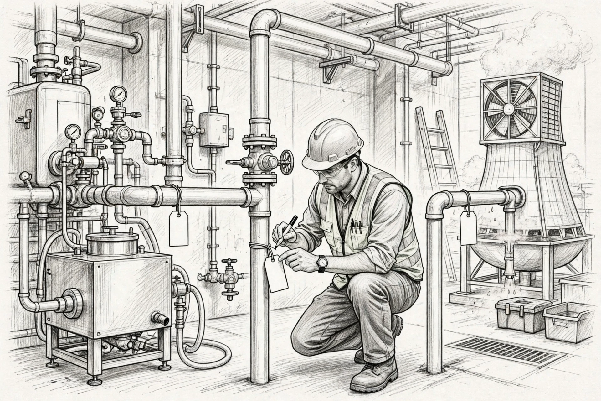 Engineer tagging pipes in industrial mechanical room