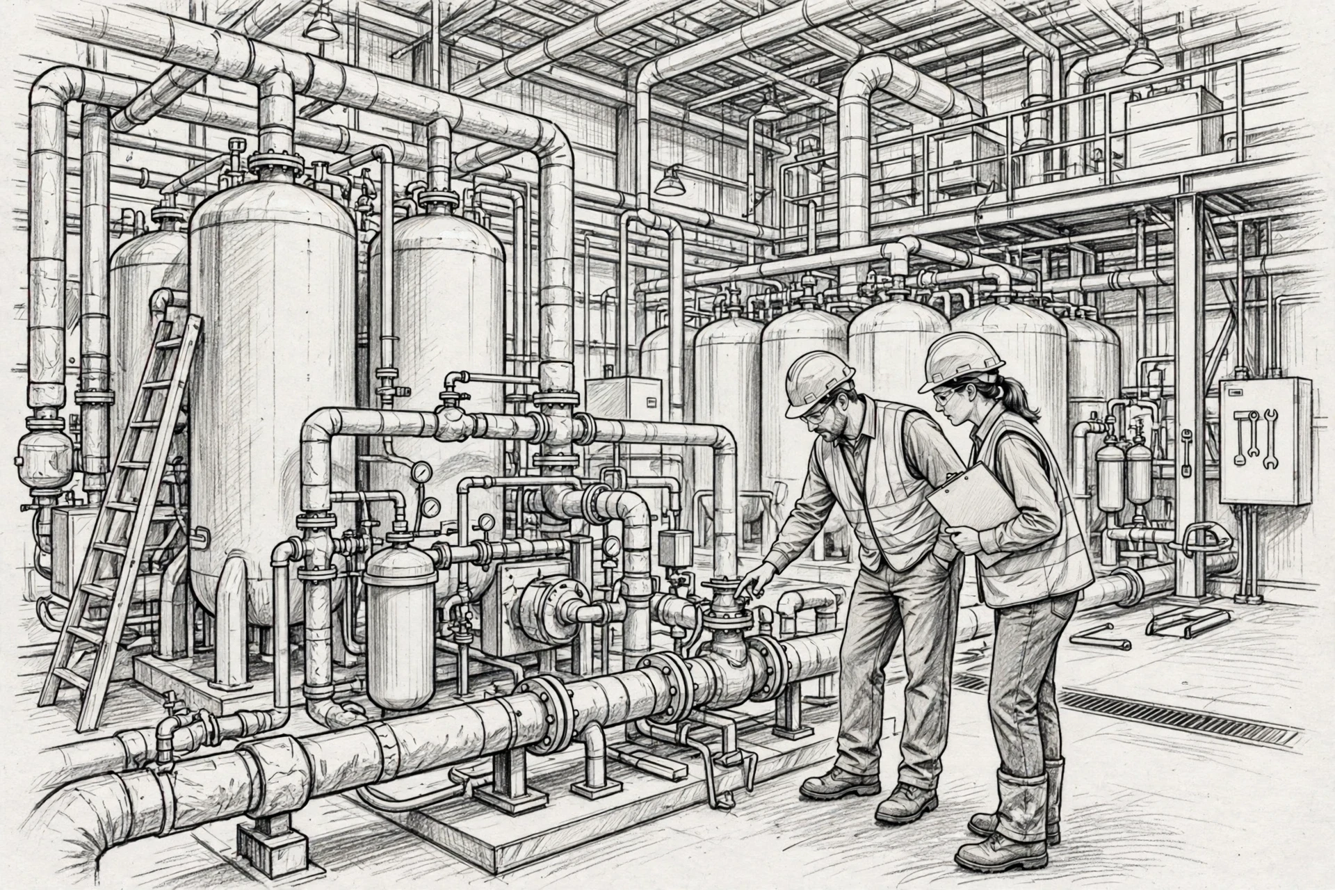 Engineers inspecting steam piping and filtration tanks