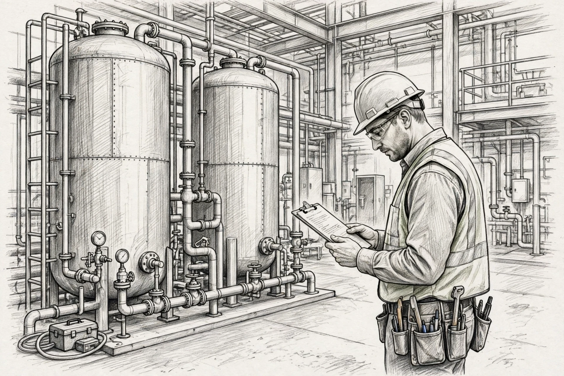 Plant engineer reviewing discharge permit beside softening tanks