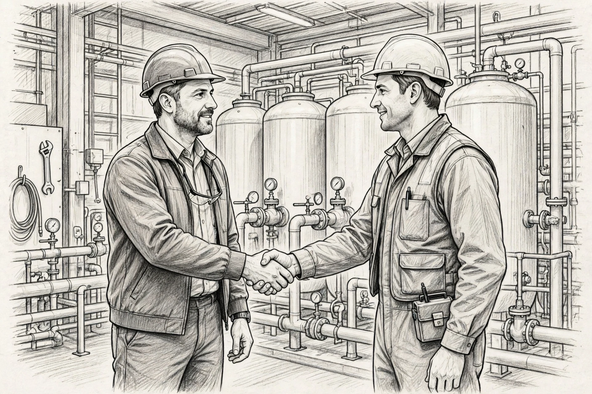 Plant manager shaking hands with engineer