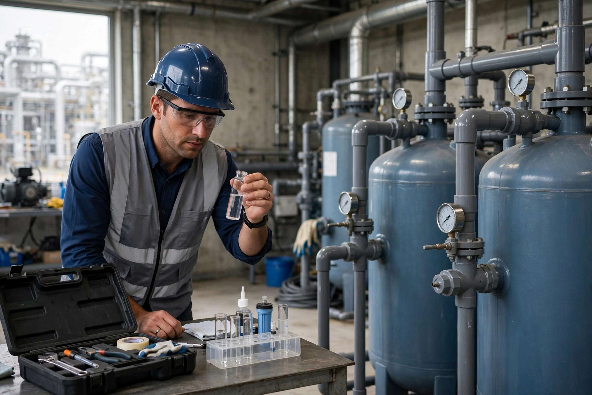 Engineer reviewing hardness results beside treatment tanks