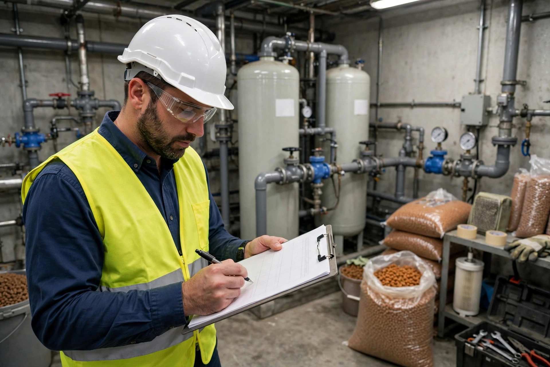 Plant manager reviewing water treatment cost spreadsheet