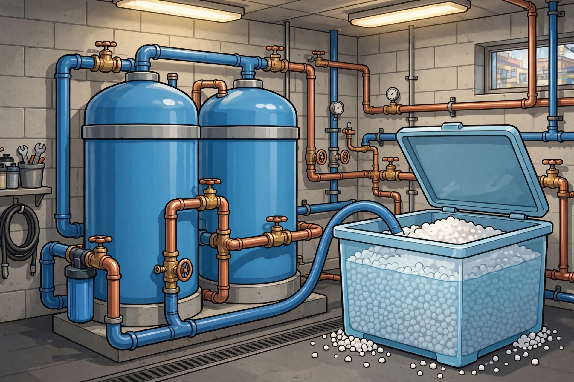 Industrial water softener tanks in utility room