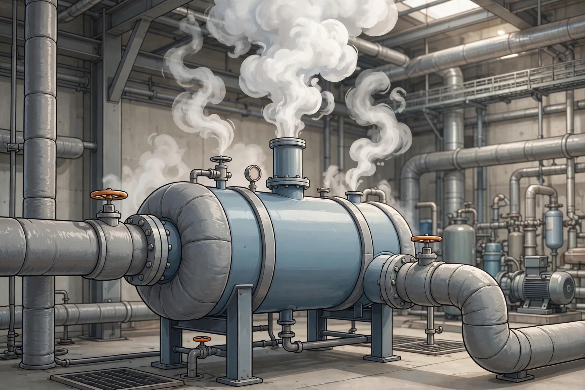 Industrial tray-type deaerator venting steam in plant