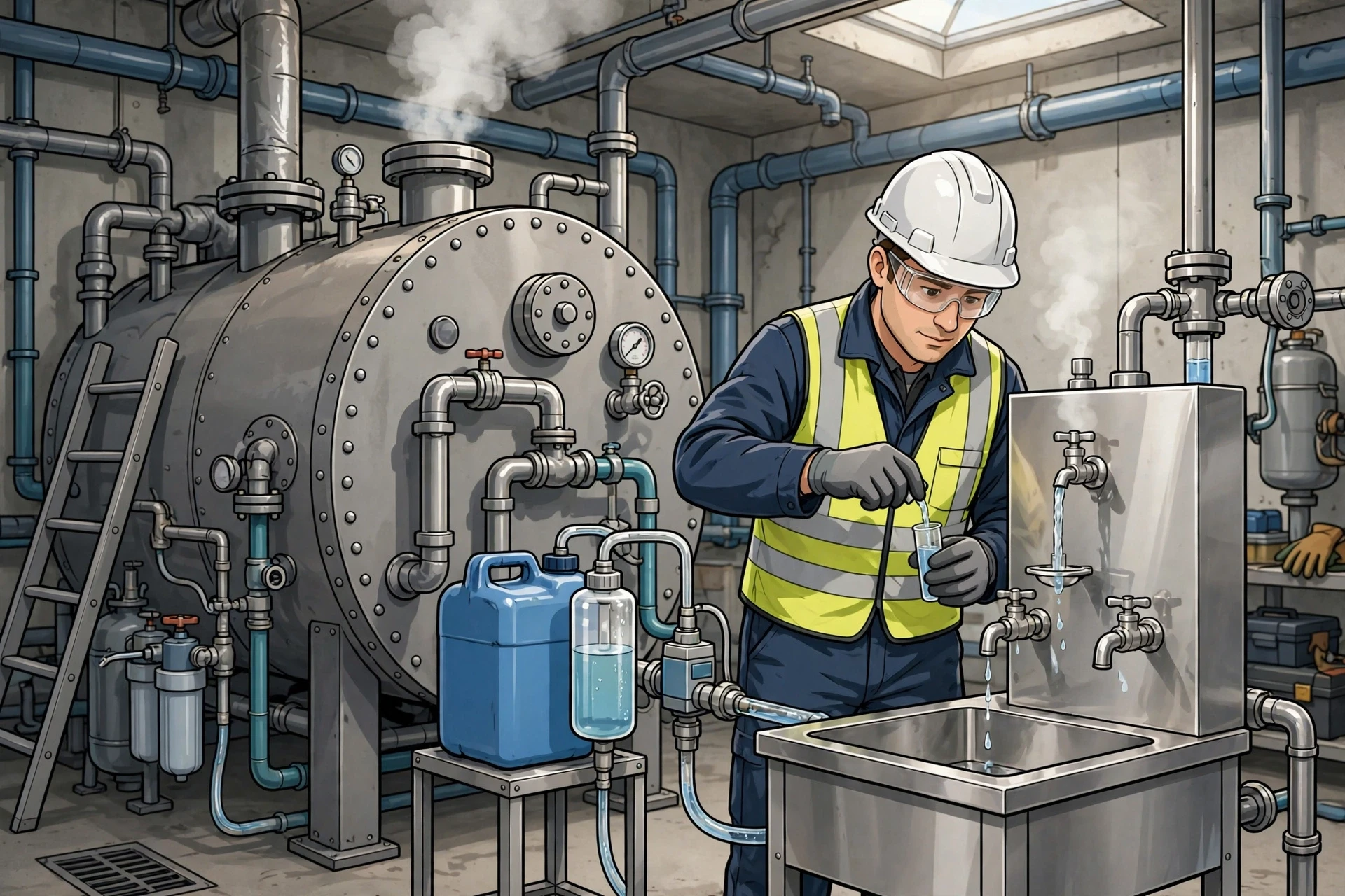 Technician sampling boiler feedwater at test station