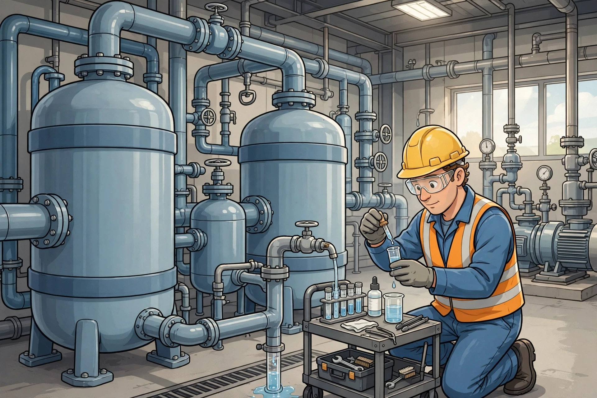 Technician testing condensate beside return tanks