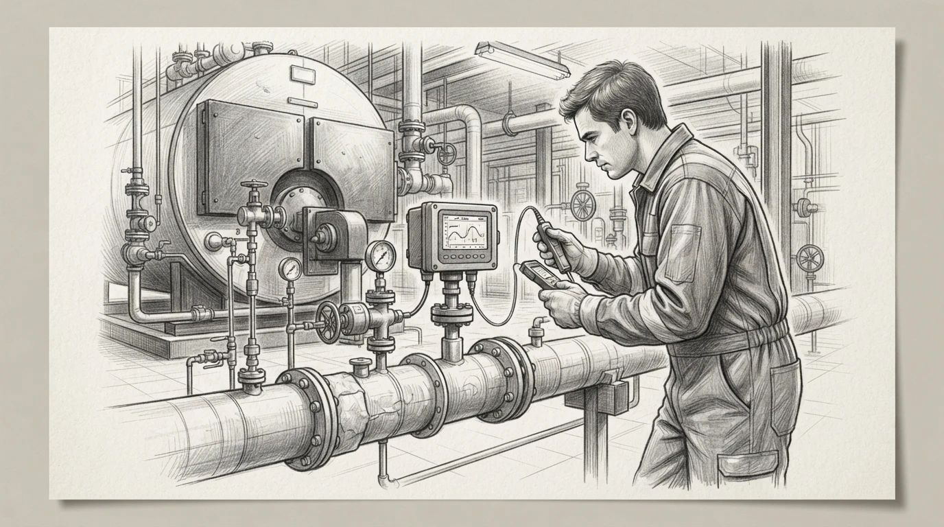 Technician inspecting industrial boiler sensor line