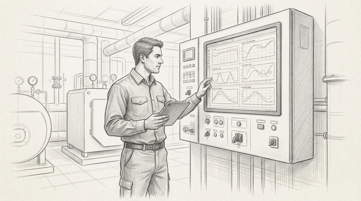 Technician reviewing boiler chemistry data trends