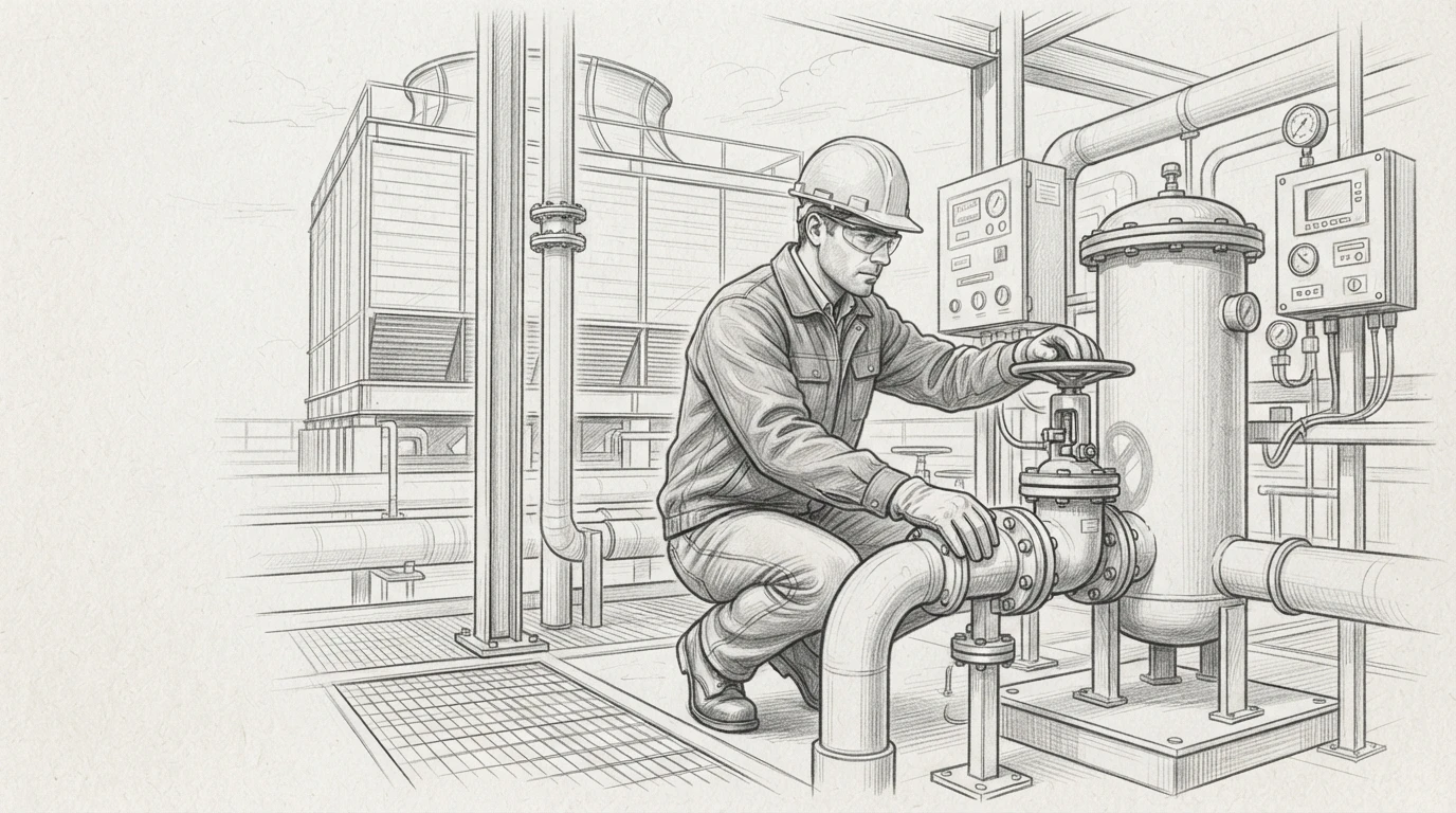 Technician inspecting a backwash valve at a cooling tower