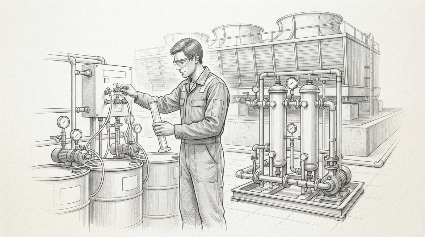 Engineer dosing inhibitor at cooling tower filter skid