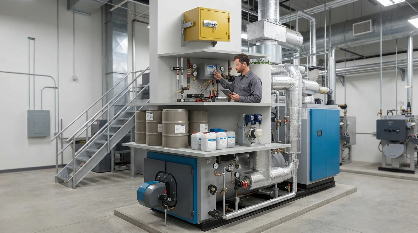 Boiler technician servicing stacked protection system components