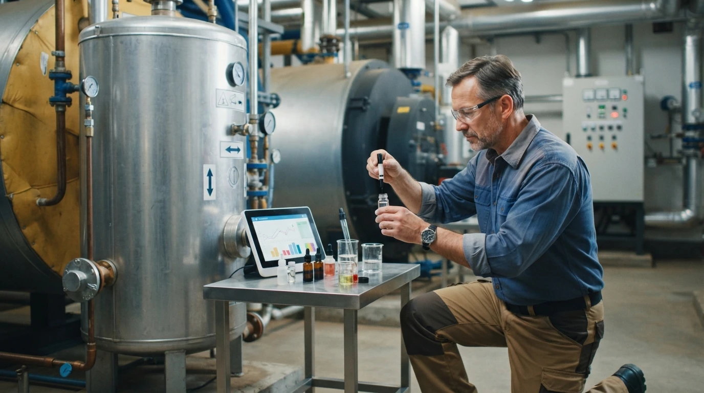 Facility manager testing hard water sample beside boiler tank