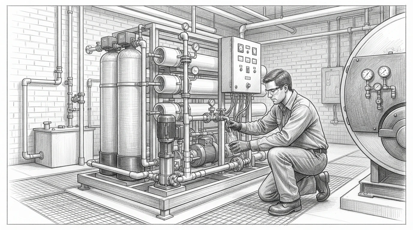 Technician sampling well water near treatment skid