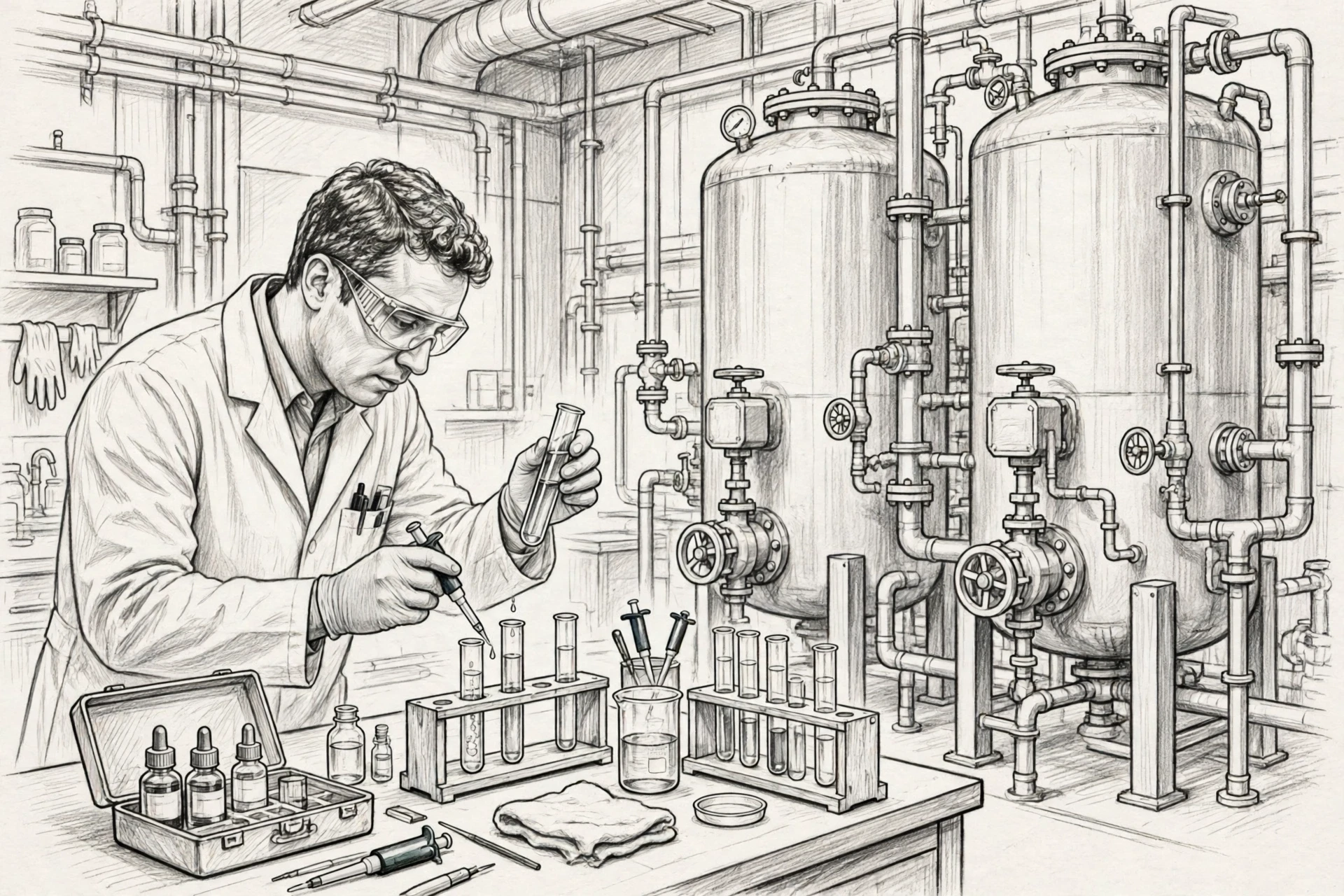 Technician testing water hardness and iron near industrial softener tanks