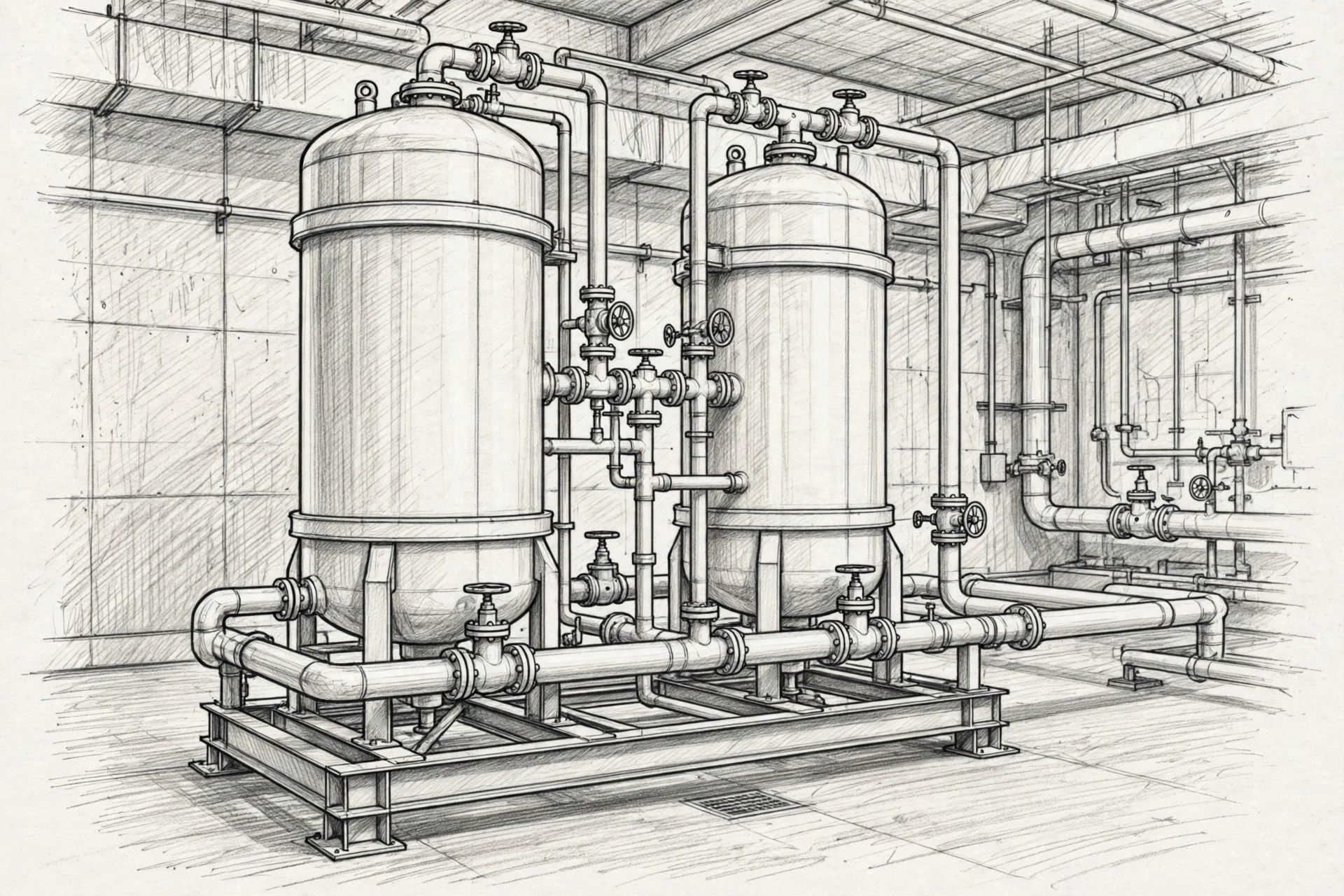 Twin-tank industrial water softener skid in mechanical room