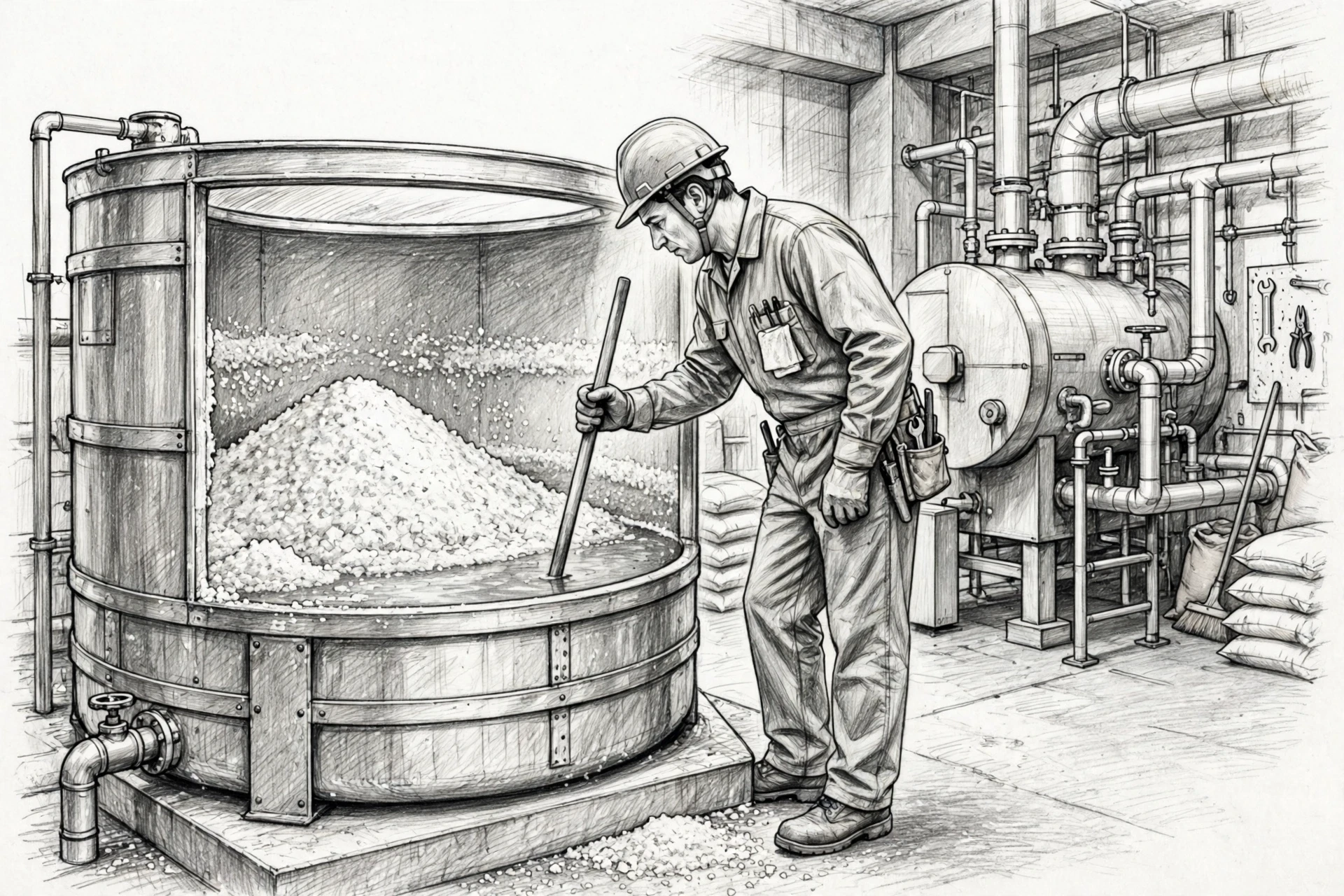 Technician checking salt levels in industrial brine tank