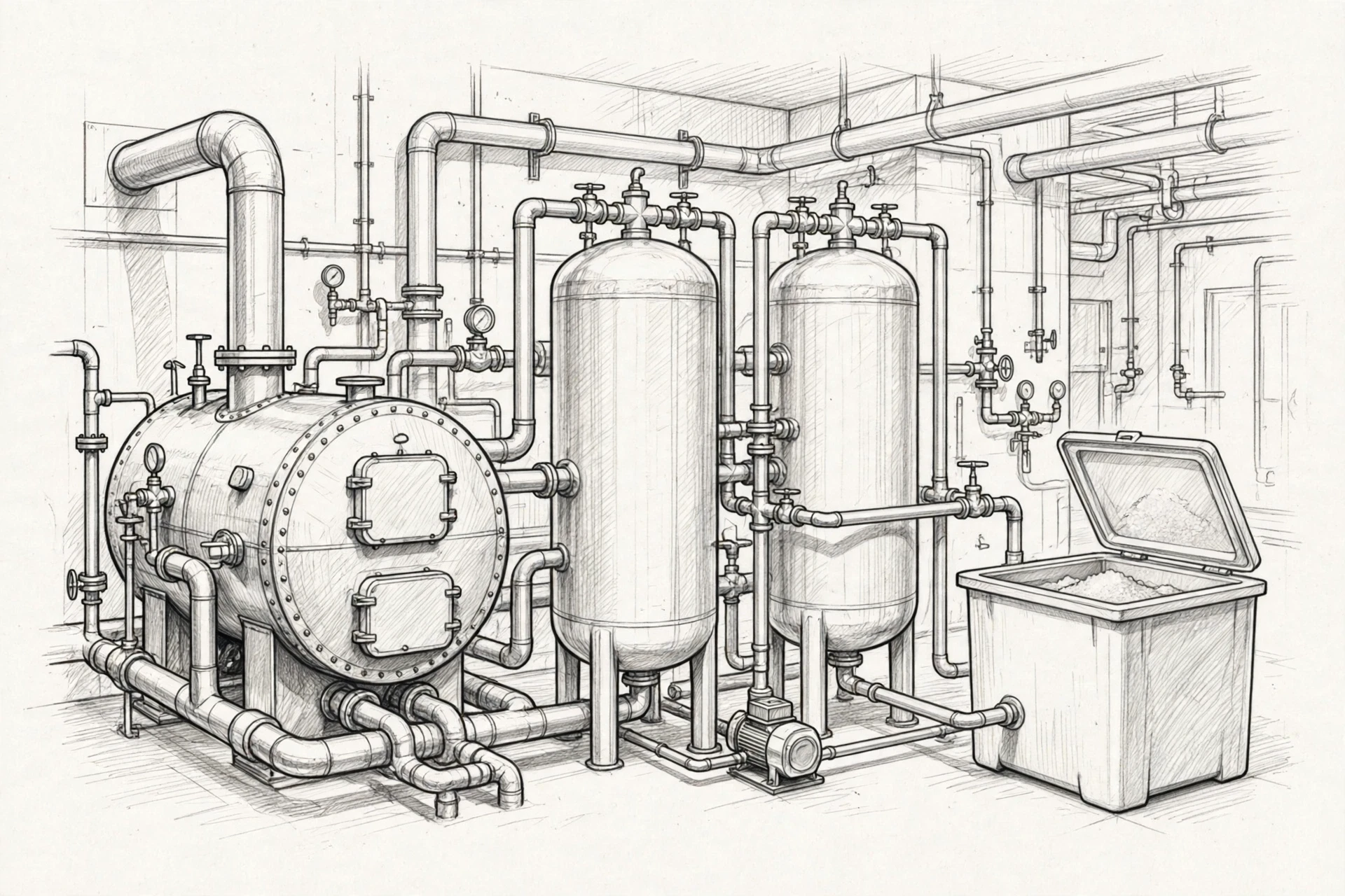 Twin industrial water softeners beside a steam boiler