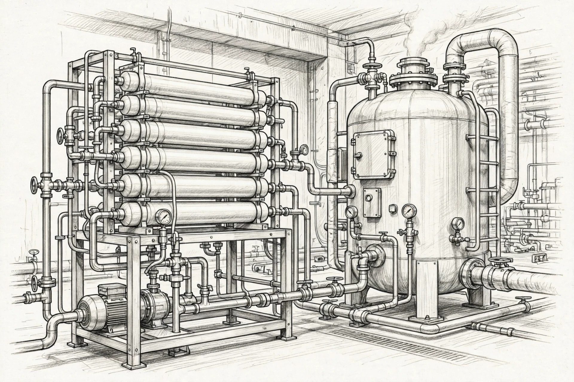 Industrial reverse osmosis skid beside steam boiler