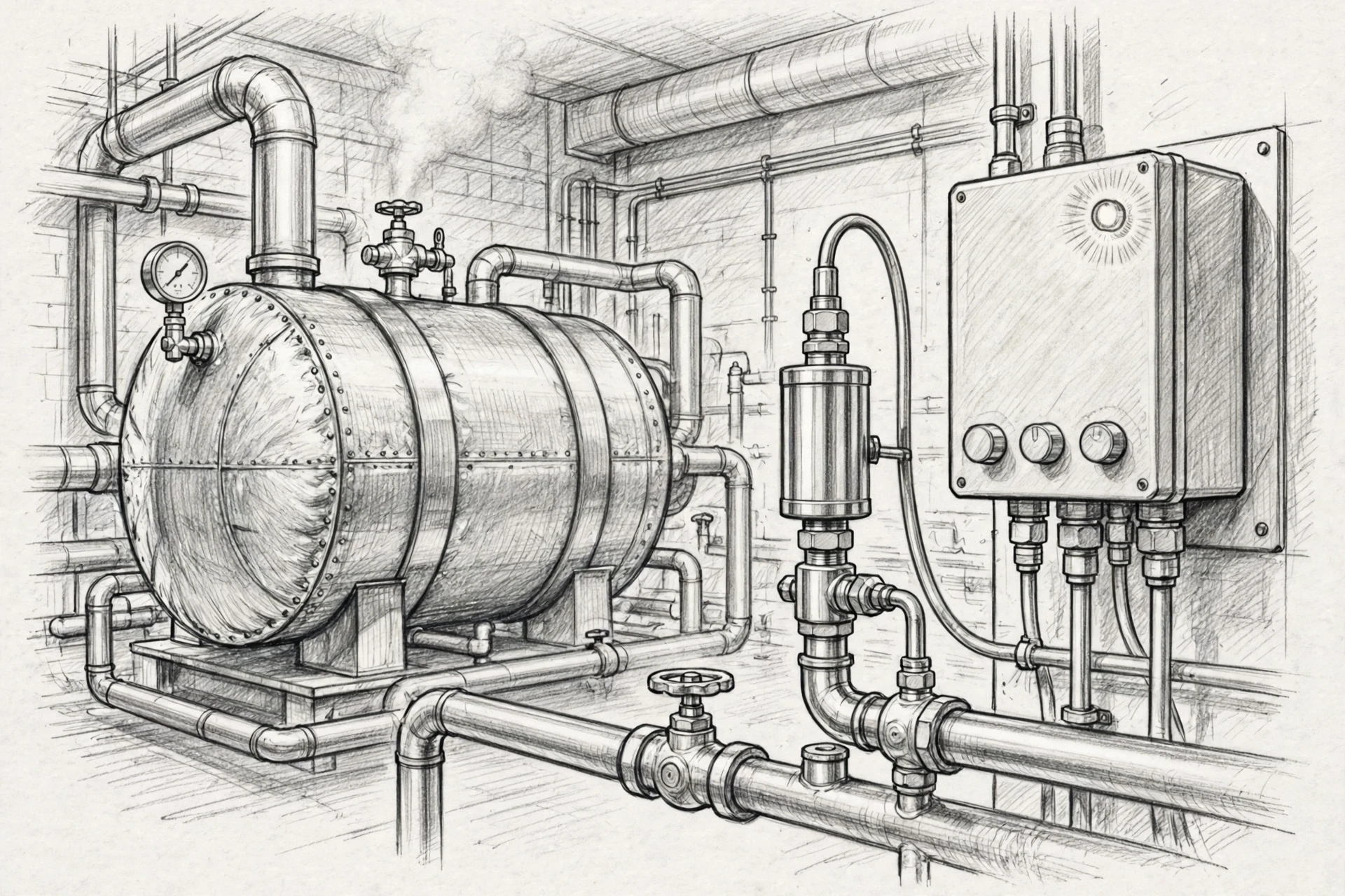 Conductivity probe and controller beside steam boiler