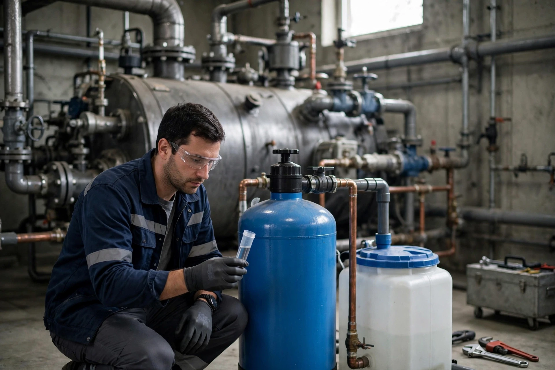 Technician checks softener feeding industrial boiler