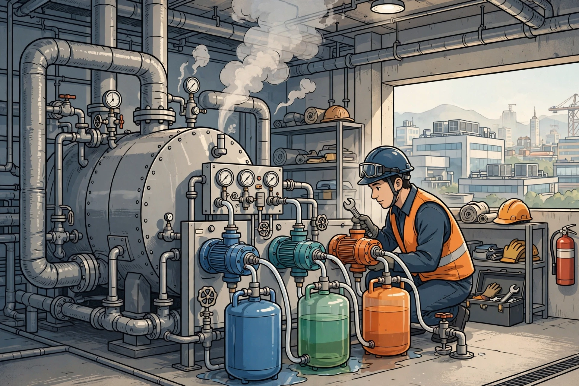 Technician inspecting chemical feed pumps in boiler room