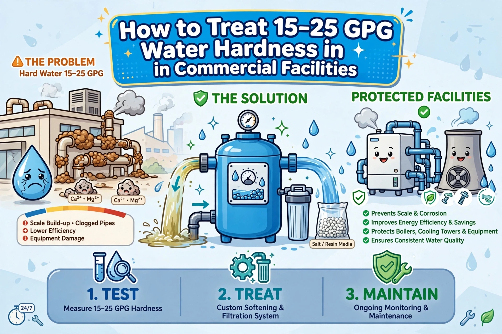 How to Treat 15–25 GPG Water Hardness in Commercial Facilities