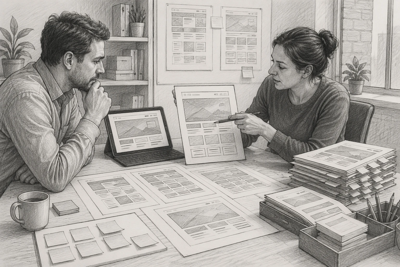 Business owner and designer reviewing homepage mockups at meeting table
