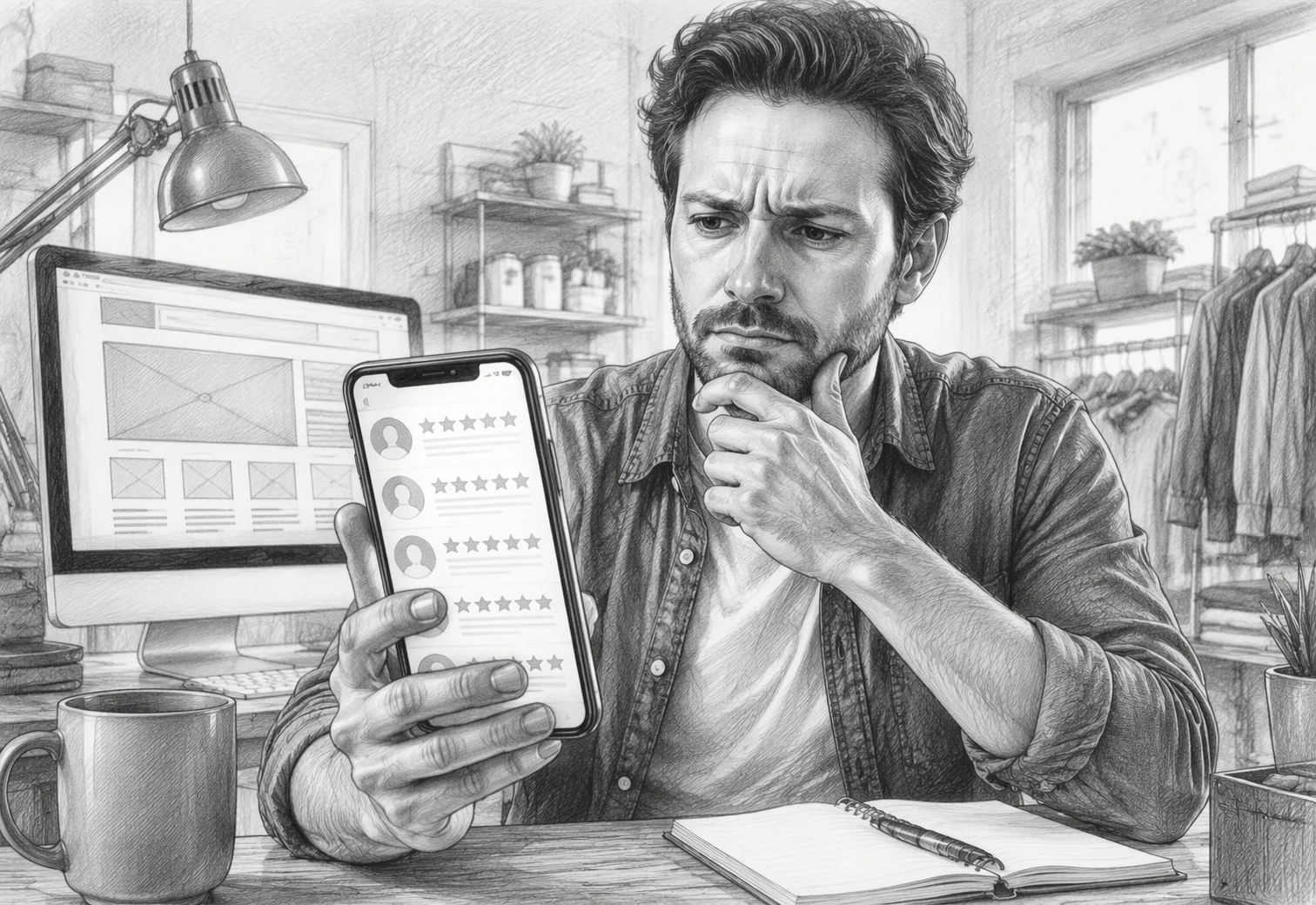 Business owner reviewing vague five-star agency reviews on phone