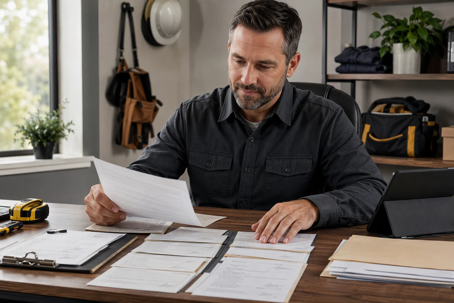 Home service owner reviewing contracts and payment receipts