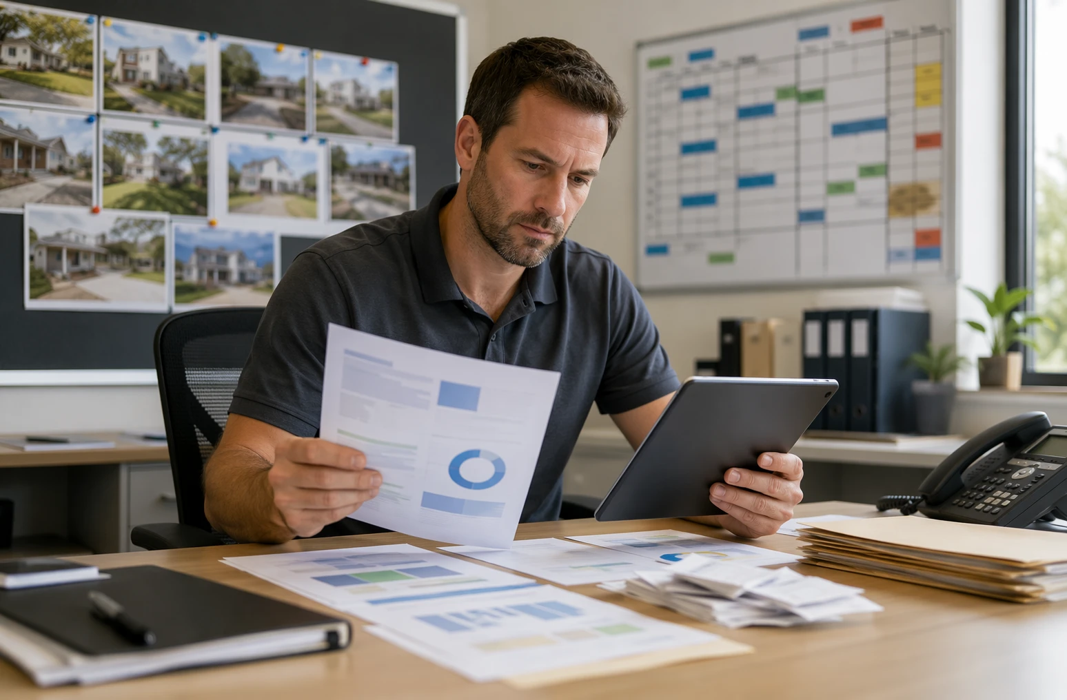 Service manager reviewing ad invoices on tablet