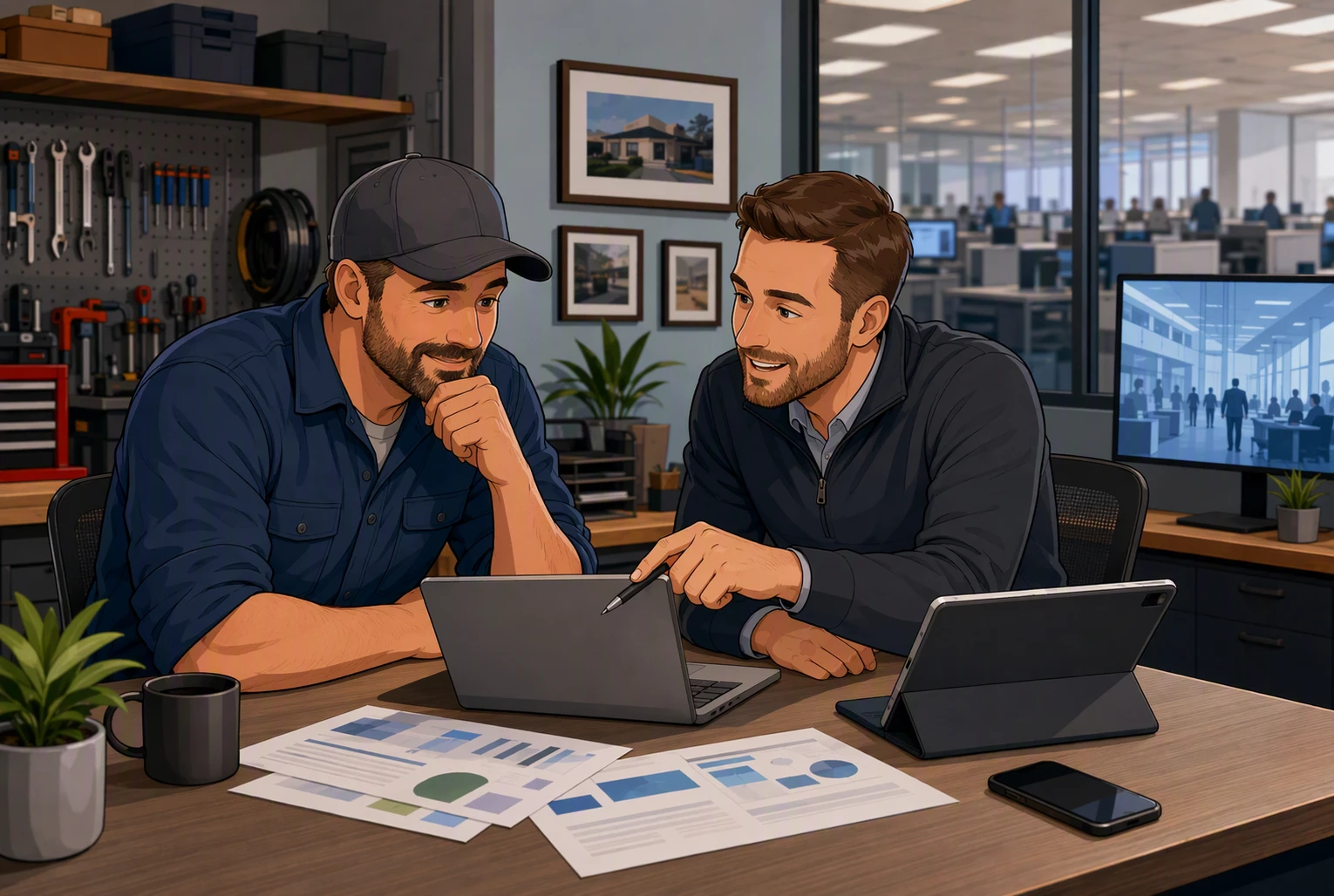 Owner reviewing lead reports with strategist in small office