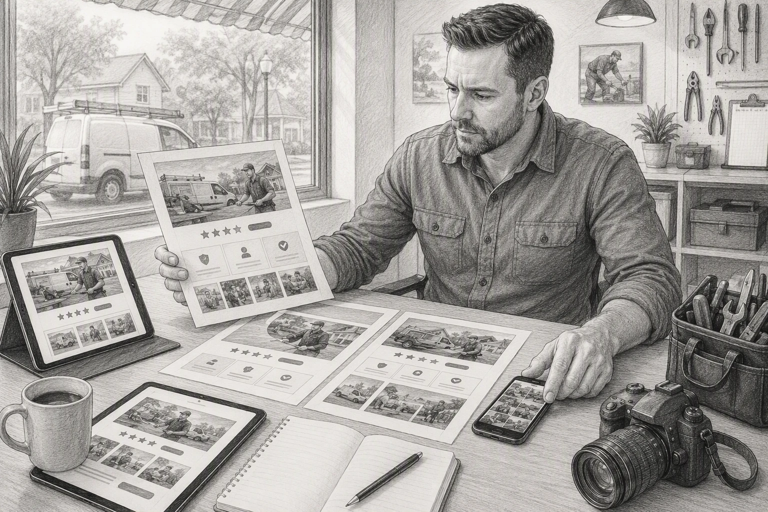 Local business owner reviewing homepage mockup with trust signals
