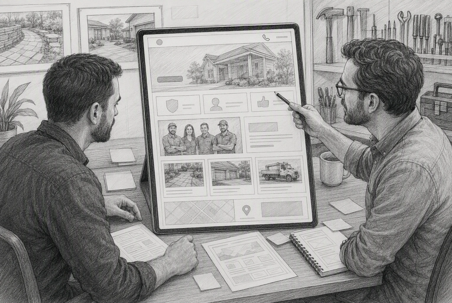 Business owner reviewing homepage wireframes with trust elements