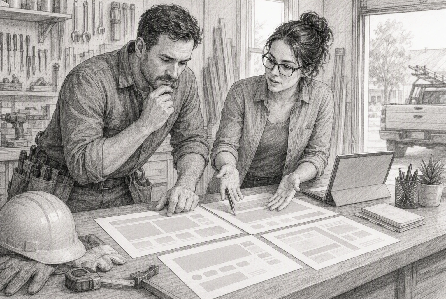 Contractor and web designer reviewing site mockups at shop counter