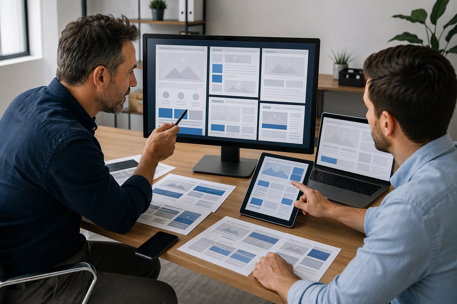 Business owner reviewing custom landing pages with marketer at office desk