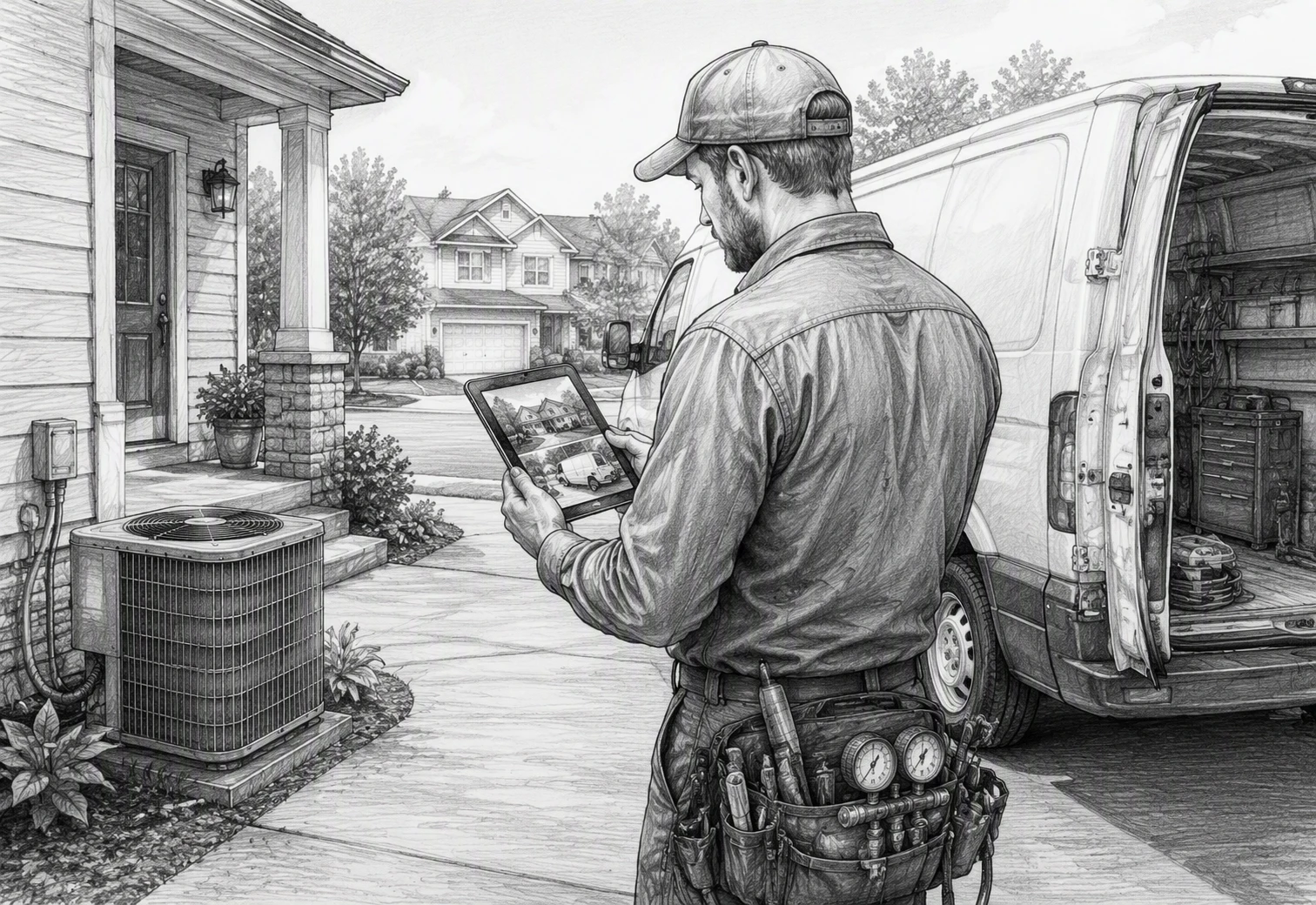 HVAC technician reviewing Google Business Profile outside driveway