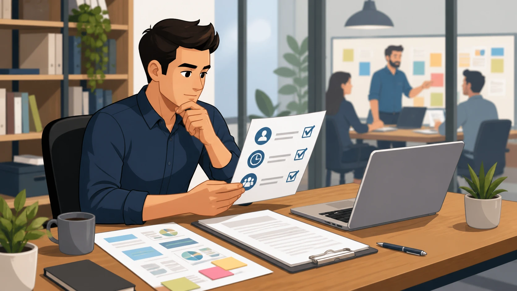 Owner reviewing agency workflow with laptop and campaign notes